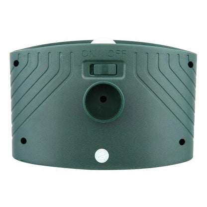 Solar-powered ultrasonic rabbit repeller with flashing light by Belro, designed to keep rabbits and pests away from gardens and yards.