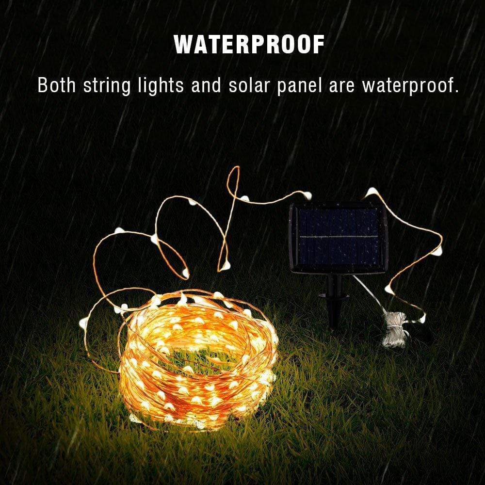 Belro 12m outdoor string solar fairy lights with 100 LED bulbs on clear cable, waterproof for garden or outdoor decor.