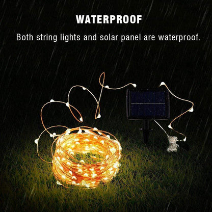 Belro 12m outdoor string solar fairy lights with 100 LED bulbs on clear cable, waterproof for garden or outdoor decor.