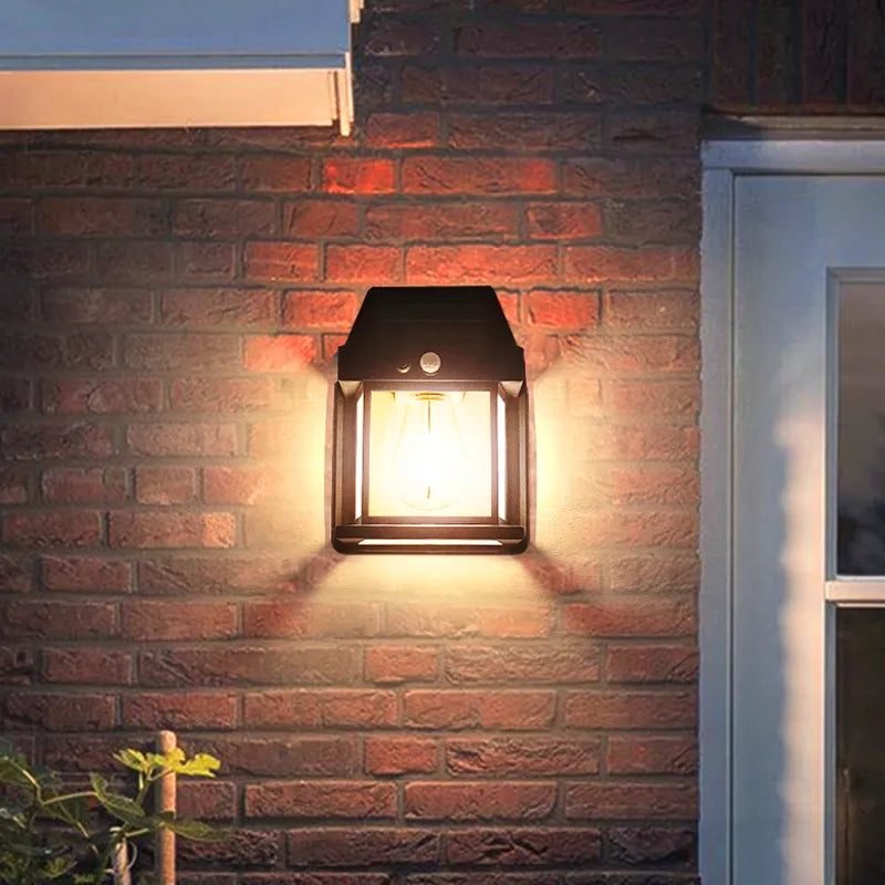 Mivoza solar wall lights with tungsten wire bulbs, waterproof outdoor garden lanterns with motion sensor for landscape lighting.