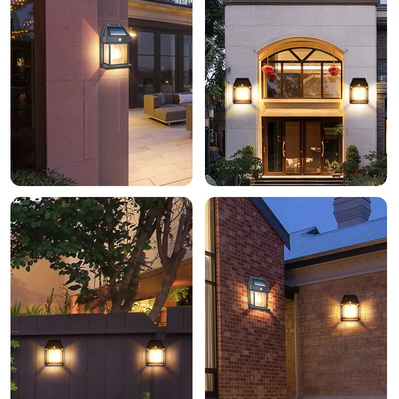 Set of 2 Mivoza solar wall lights with tungsten wire bulbs, waterproof outdoor garden lights with motion sensor and auto on/off feature.