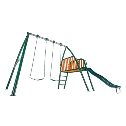 Sportspower Alta Oaks 10′ heavy-duty swing set with 6′ double wall slide, featuring durable construction and safety features.