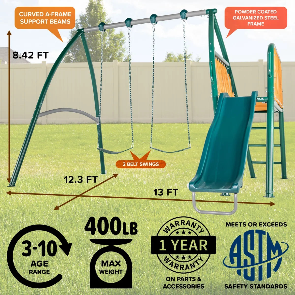 Sportspower Alta Oaks 10′ heavy-duty swing set with a double wall slide, designed for outdoor play and durability.