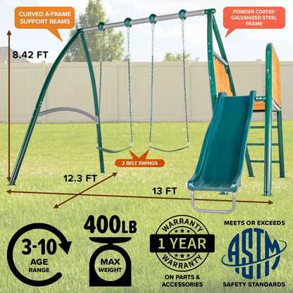 Sportspower Alta Oaks 10′ heavy-duty swing set with a double wall slide, designed for outdoor play and durability.