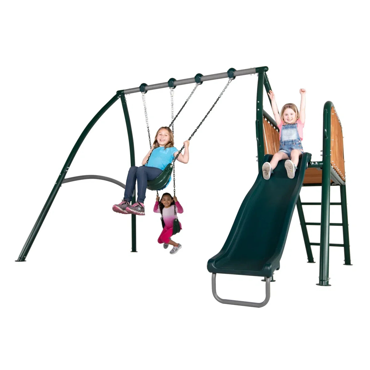 Sportspower Alta Oaks 10′ heavy-duty swing set with a 6′ double wall slide, featuring durable construction and safety features.