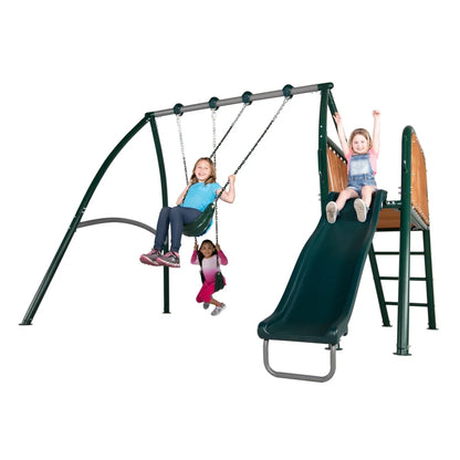 Sportspower Alta Oaks 10′ heavy-duty swing set with a 6′ double wall slide, featuring durable construction and safety features.