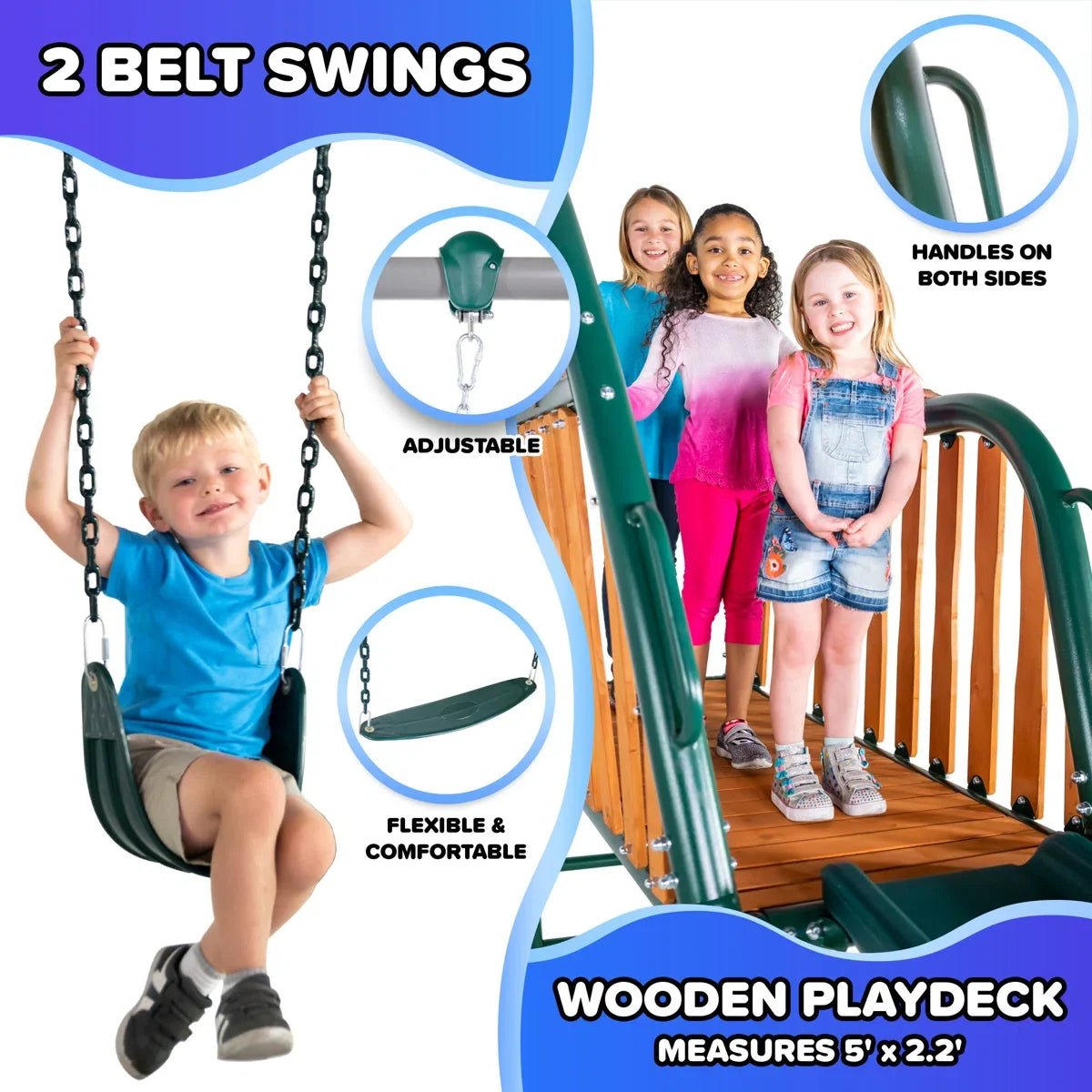Sportspower Alta Oaks 10′ heavy-duty swing set with a 6′ double wall slide, featuring durable construction and safety features.