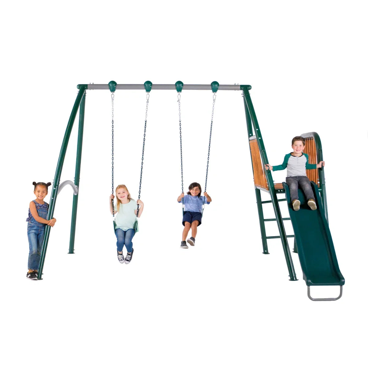Sportspower Alta Oaks 10' heavy-duty swing set with a 6' double-wall slide, featuring sturdy construction and safety features.