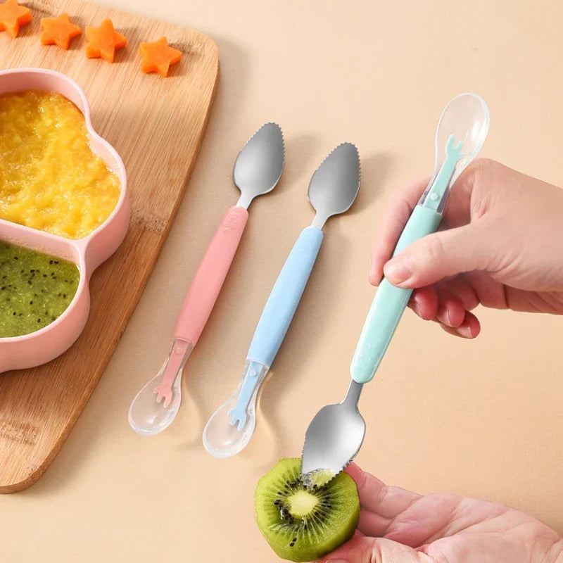 Belro double head baby silicone food spoon with stainless steel handle, ideal for feeding and scraping fruit purees for infants.