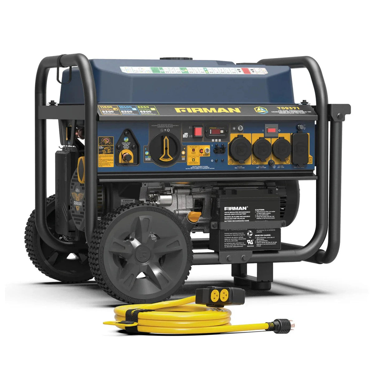 Casavibeo Firman 11600W tri-fuel portable generator with control panel and fuel outlets, ready for outdoor power needs.