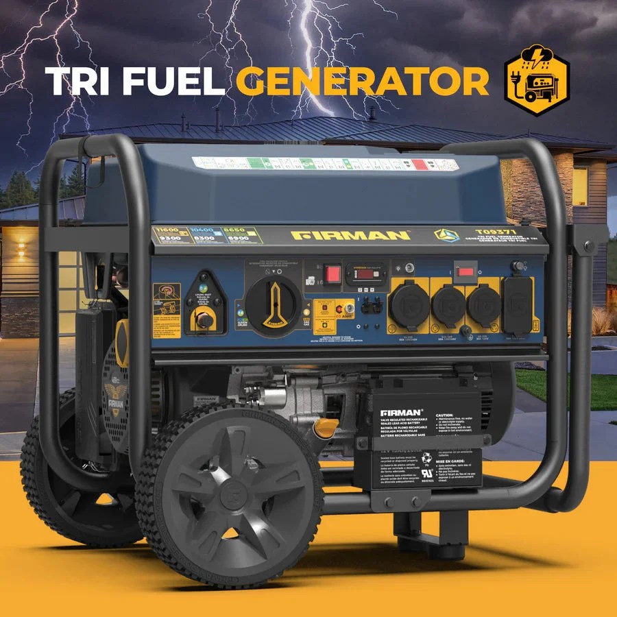 Casavibeo Firman 11600W tri-fuel portable generator with control panel and fuel ports, ideal for outdoor power needs.