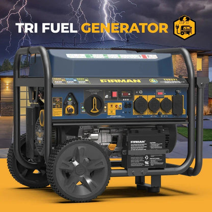 Casavibeo Firman 11600W tri-fuel portable generator with control panel and fuel ports, ideal for outdoor power needs.
