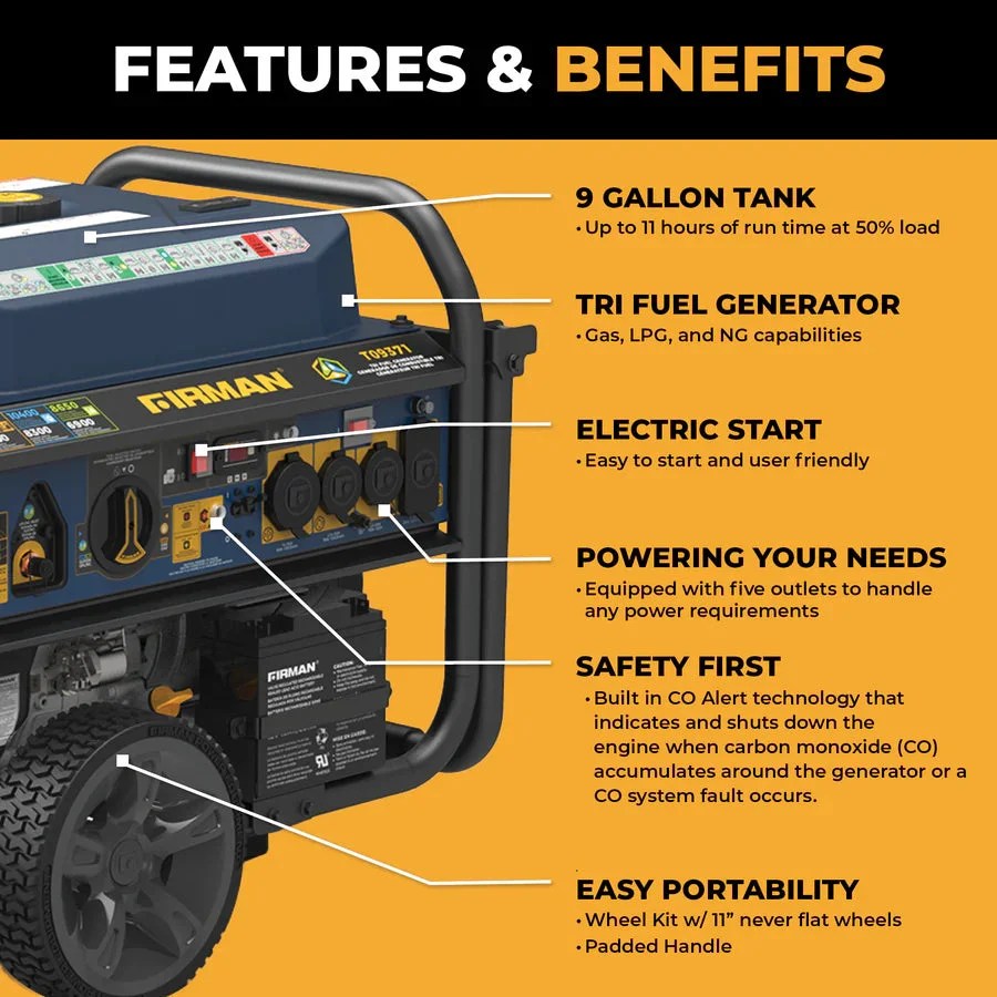 Casavibeo Firman 11600W tri-fuel portable generator with control panel and fuel ports, set on a flat surface outdoors