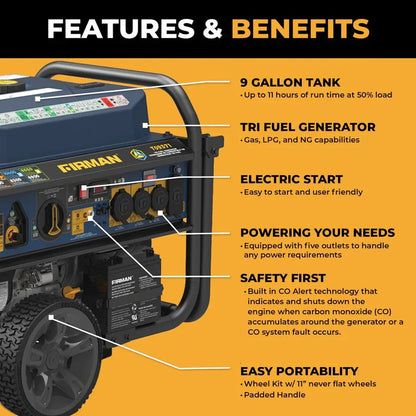 Casavibeo Firman 11600W tri-fuel portable generator with control panel and fuel ports, set on a flat surface outdoors