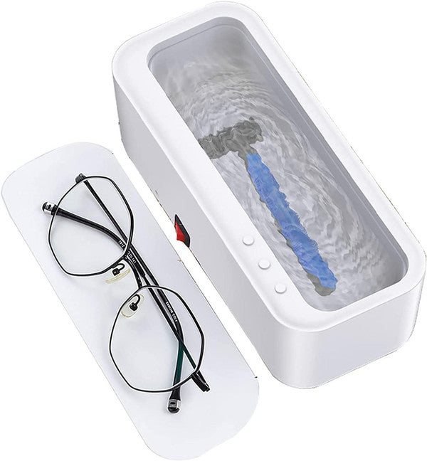 Belro portable ultrasonic jewelry cleaner with a compact design, featuring a stainless steel tank and control buttons for easy use.
