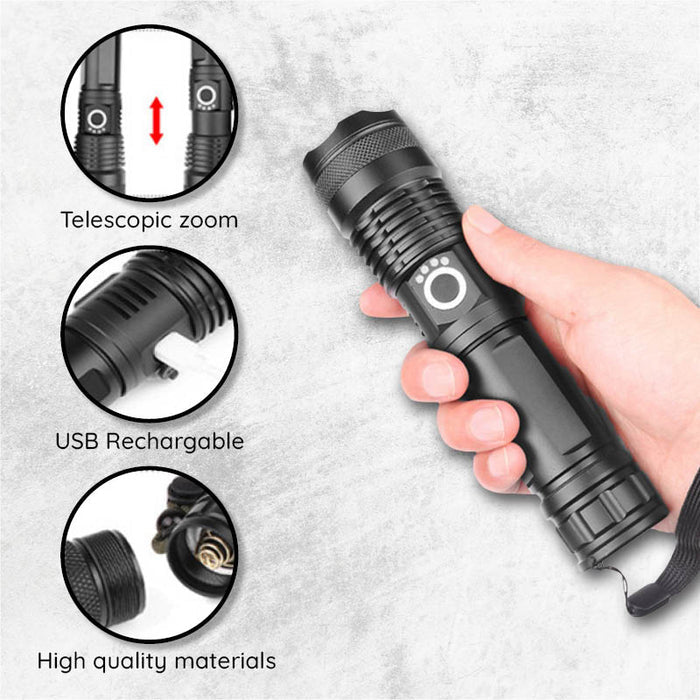 Belro USB powerful flashlight torch with bright LED light, compact handheld design, and durable black body.