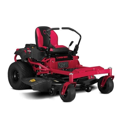 Casavibeo Troy-Bilt Mustang Z50 zero-turn mower with a wide cutting deck and comfortable seat, ideal for efficient lawn trimming.