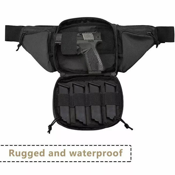 Belro tactical waist pack with concealed carry fanny pack holster showing adjustable strap and discreet gun compartment.