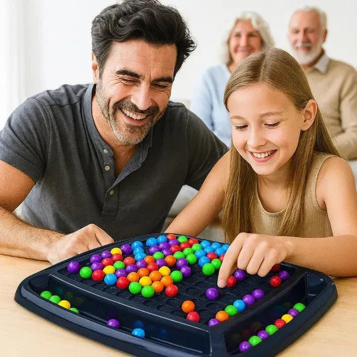 Marble strategy game by Mivoza featuring a wooden board with colorful marbles for concentration and logic training.