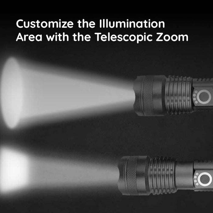 Belro USB powerful flashlight torch with telescopic zoom feature, portable electronic lighting tool, black cylindrical design.