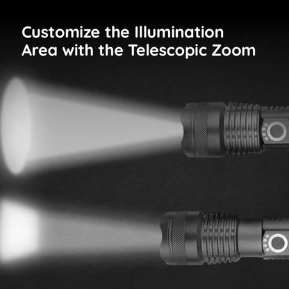Belro USB powerful flashlight torch with telescopic zoom feature, portable electronic lighting tool, black cylindrical design.