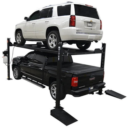 Titan SDPL-8000XLT 4-post lift from Casavibeo with sturdy steel columns and hydraulic system for vehicle lifting.