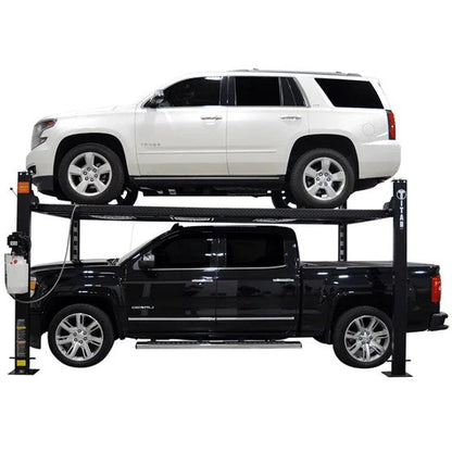 Titan SDPL-8000XLT 4-post lift by Casavibeo showing the heavy-duty automotive lift with four sturdy posts and lifting arms.