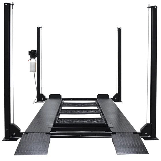 Titan SDPL-8000XLT 4-post lift by Casavibeo showing the heavy-duty vehicle lifting equipment with four sturdy posts and hydraulic system.