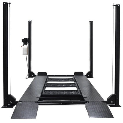 Titan SDPL-8000XLT 4-post lift by Casavibeo showing the heavy-duty vehicle lifting equipment with four sturdy posts and hydraulic system.