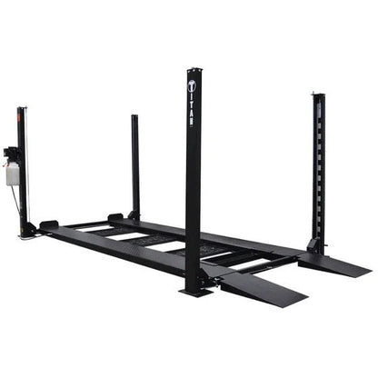 Titan SDPL-8000XLT 4-post lift from Casavibeo, showing the robust steel structure and hydraulic lifting mechanism.