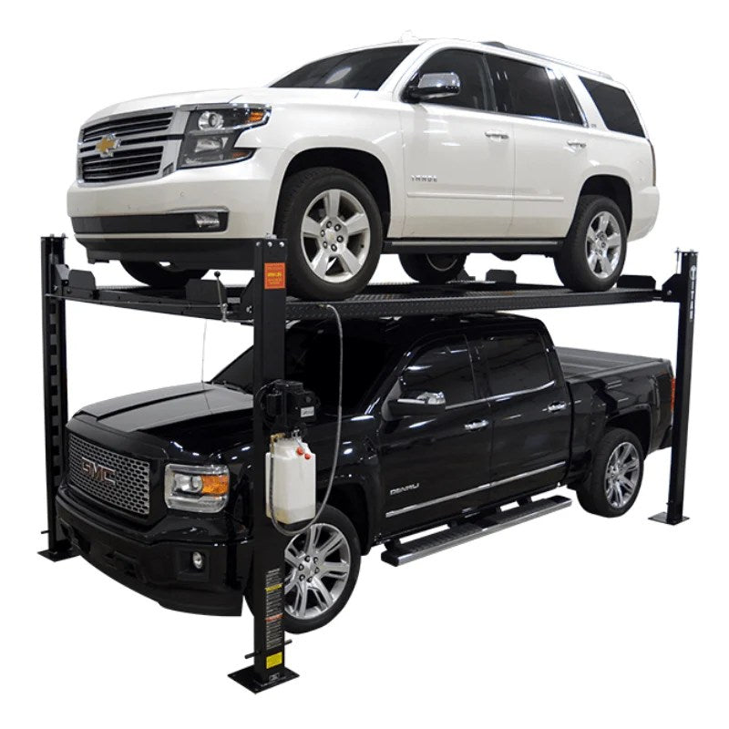 Titan SDPL-8000XLT 4-post lift by Casavibeo, showing the sturdy steel structure and hydraulic lifting mechanism in a garage setting.