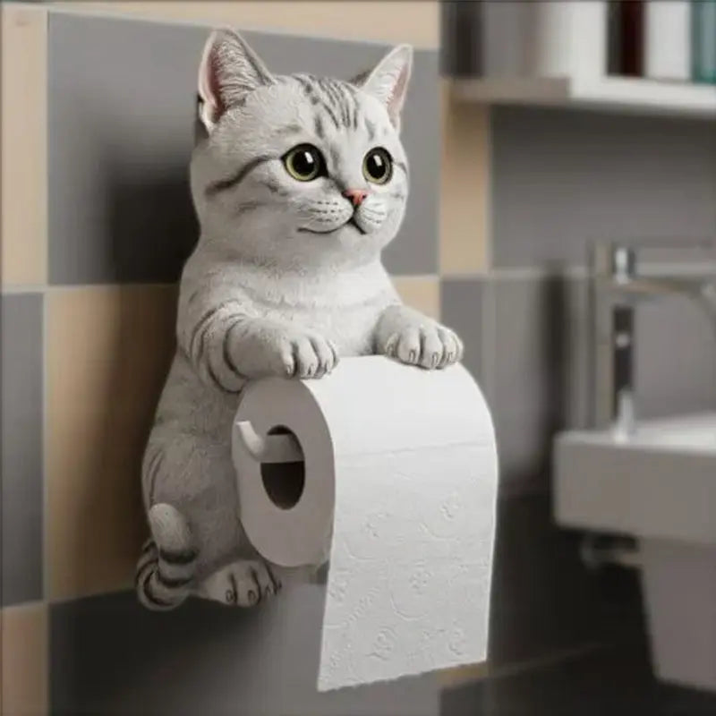 Decorative cat head toilet paper holder in durable resin with playful 3D design for bathroom decor.