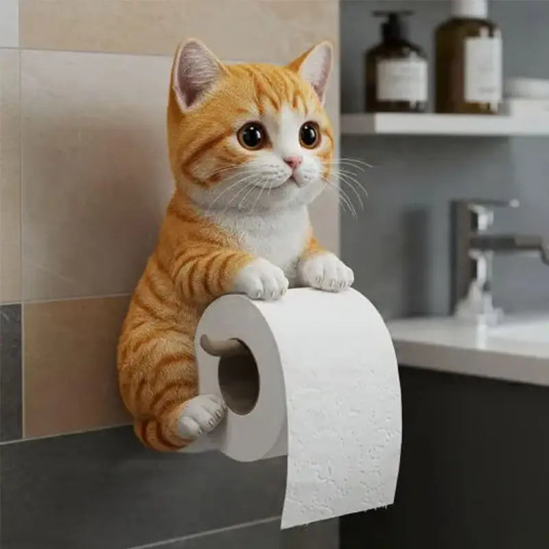 Mivoza cat head toilet paper holder in durable resin with playful 3D design, decorative bathroom accessory.