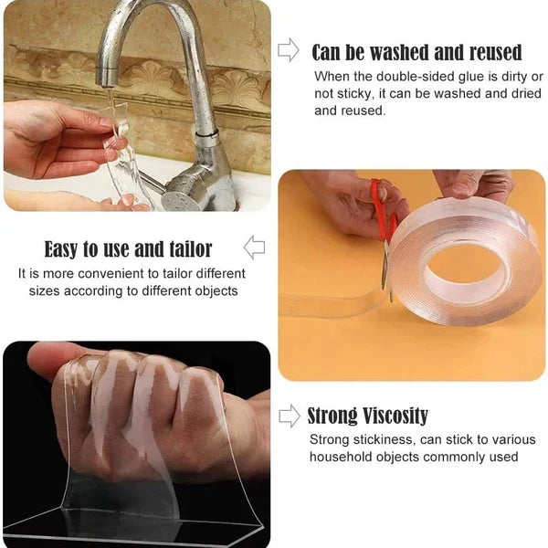 Belro transparent sticky nano tape, double-sided, reusable office and home tape with traceless, strong grip, ideal for versatile adhesion.