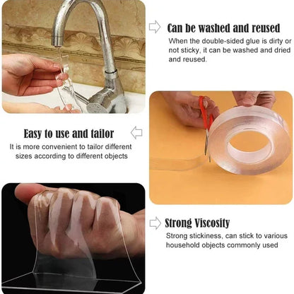 Belro transparent sticky nano tape, double-sided, reusable office and home tape with traceless, strong grip, ideal for versatile adhesion.