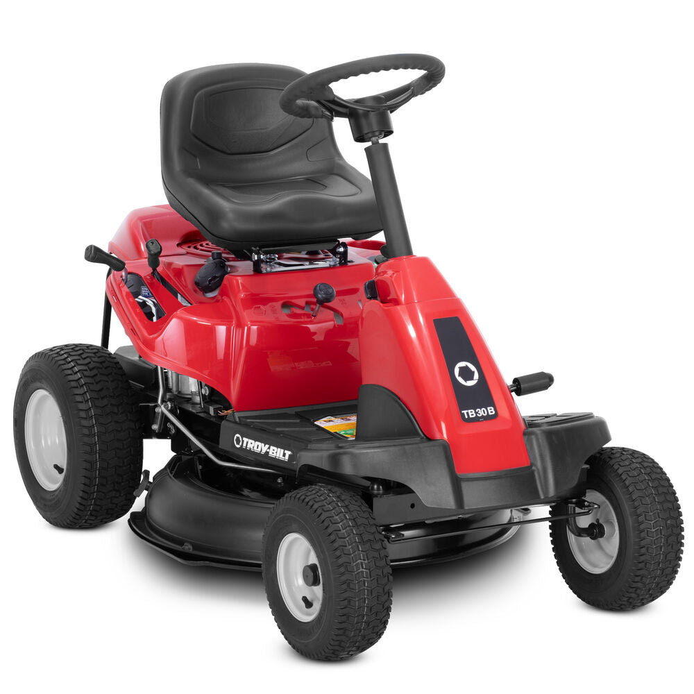 Troy-Bilt TB30B 30-inch riding lawn mower with 10.5 HP Briggs & Stratton gas engine, shown on a lush green lawn.