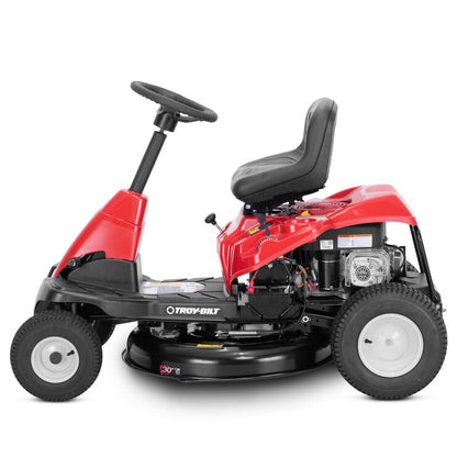 Troy-Bilt TB30B 30-inch riding lawn mower with 10.5 HP Briggs & Stratton engine, shown from the side in a backyard setting.