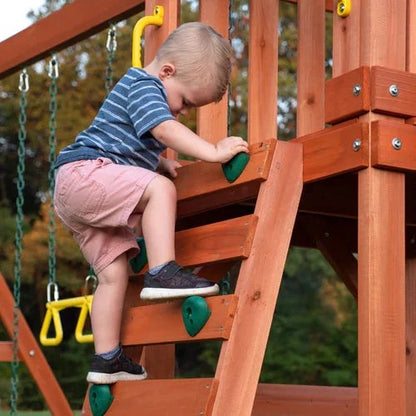 Casavibeo Tucson Swing Set with rock wall and slide, outdoor wooden play equipment for kids in backyard settings.