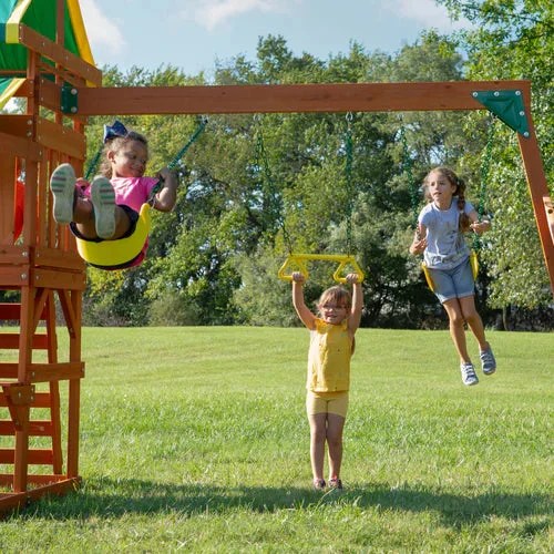 Casavibeo Tucson wooden swing set with sturdy beam and colorful swings in a backyard setting.