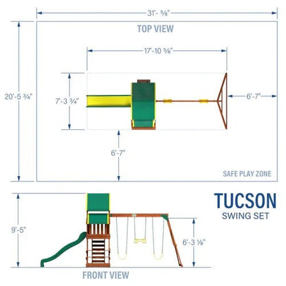Diagram of the Casavibeo Backyard Discovery Tucson wooden swing set showing its various components and structure.
