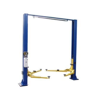 Casavibeo TP9KSCX 9,000 lb two-post car lift with clear floor and symmetric design, shown with lifted vehicle in a garage.