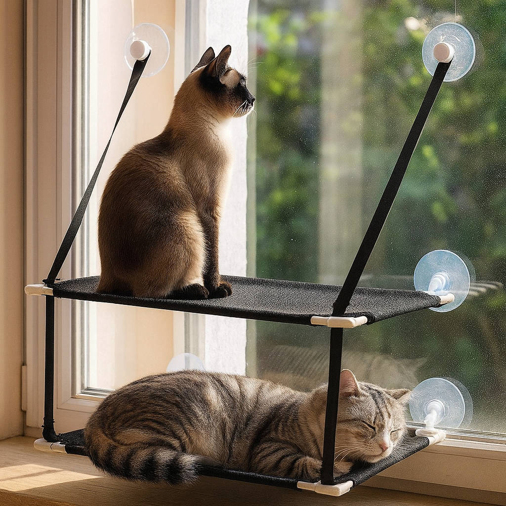 Two cats relaxing in a double-layer Belro cat window perch hammock, one looking outside and the other lounging comfortably.