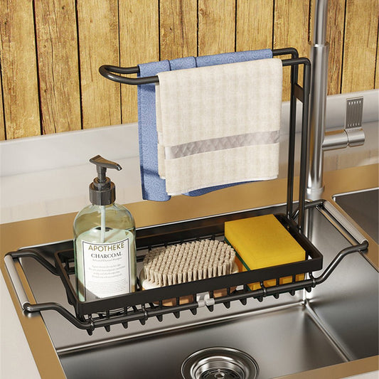 Belro adjustable sink storage shelf in a kitchen, featuring multiple tiers for organizing kitchen essentials under the sink.