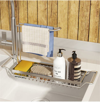 Belro adjustable sink storage shelf for kitchen organization, featuring multiple tiers for easy utensil and cleaning supply storage.