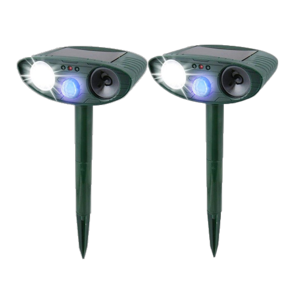 Belro ultrasonic rabbit repeller with solar power and flashing light for outdoor pest control in home and garden.