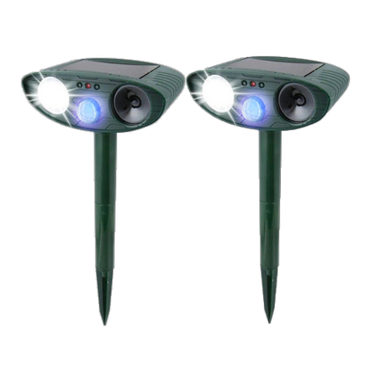 Belro ultrasonic rabbit repeller with solar power and flashing light for outdoor pest control in home and garden.