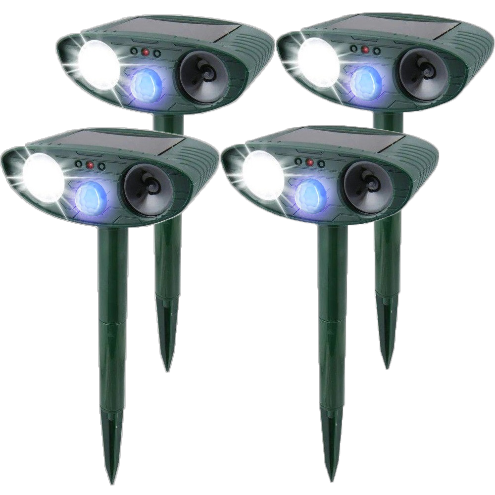 Belro ultrasonic rabbit repeller with flashing light, solar-powered device for outdoor pest control in home and garden settings.