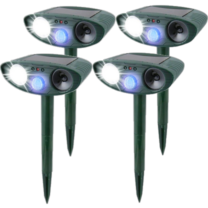 Belro ultrasonic rabbit repeller with flashing light, solar-powered device for outdoor pest control in home and garden settings.