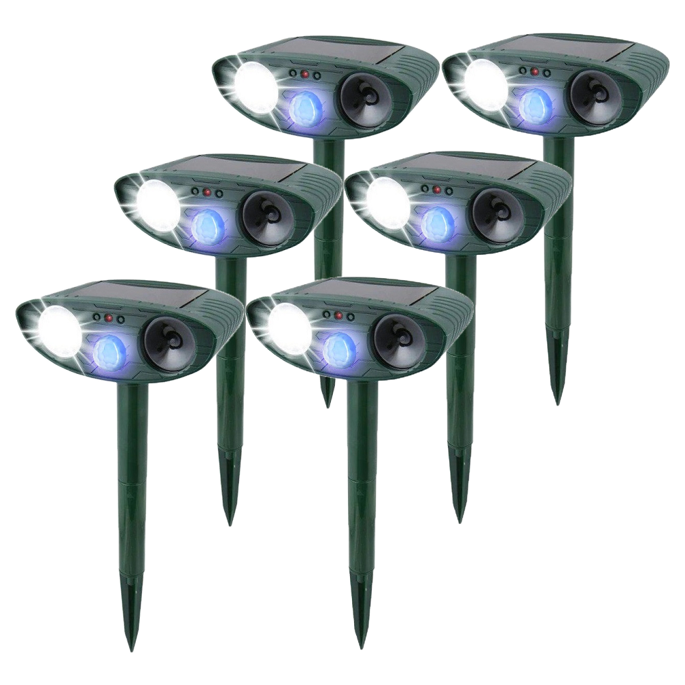 Solar-powered ultrasonic rabbit repeller with flashing light from Belro, designed to deter rabbits in outdoor pest control areas.
