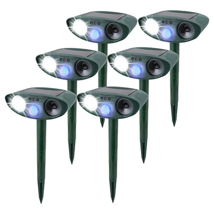 Solar-powered ultrasonic rabbit repeller with flashing light from Belro, designed to deter rabbits in outdoor pest control areas.